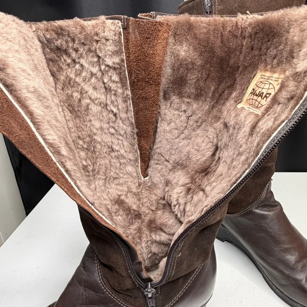 Vtg Pajar Canada Boots Women 8.5 Brown Leather Suede Tall Shearling Lined Winter